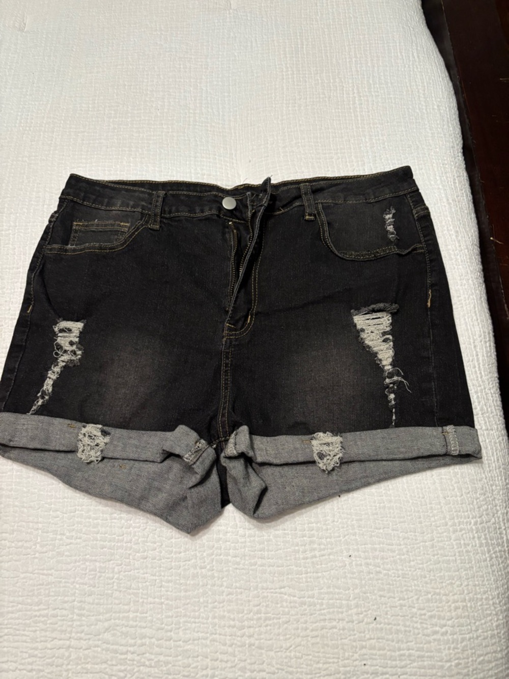 SHEIN Black Distressed Roll-Cuff Denim Shorts